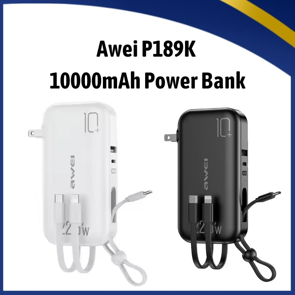 AWEI P189K Power Bank 10000Mah Portable Power Banks built-in Charging Cable 22.5W PD